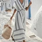 Vestido Maxi Cruzado Rayado Blanco Estilo Playero para Vacaciones con Escote V y Corte Fluido