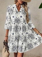 Vestido Corto Estampado Floral Blanco Estilo Boho Casual para Verano con Manga 3/4 y Corte Suelto