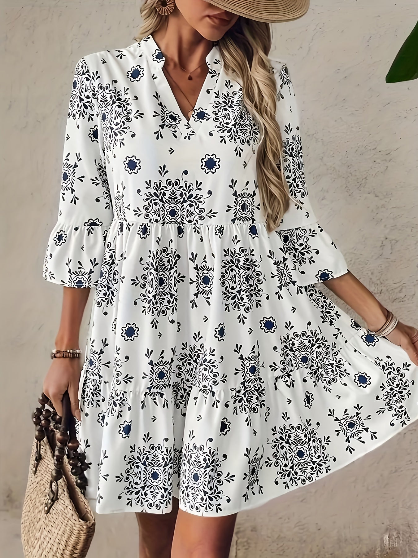 Vestido Corto Estampado Floral Blanco Estilo Boho Casual para Verano con Manga 3/4 y Corte Suelto