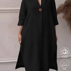Vestido Midi Negro Algodón Manga 3/4 Escote en V Casual Holgado con Abertura Lateral para Mujer