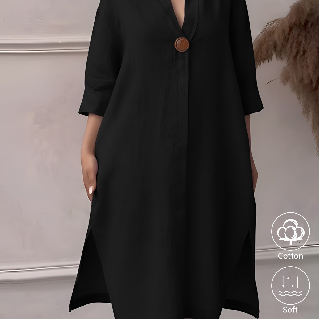 MANAIXUAN Vestido elegante para mujer 100% con cuello en V y botones al frente - Vestido midi de corte recto con mangas de tres cuartos, ajuste holgado y cuello con botones, adecuado para desplazamientos casuales, oficina y uso diario, vestido de color li