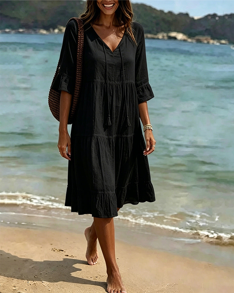 Vestido Midi Holgado con Escote V Manga 3/4 Estilo Playero Casual para Mujer con Volantes y Cordones