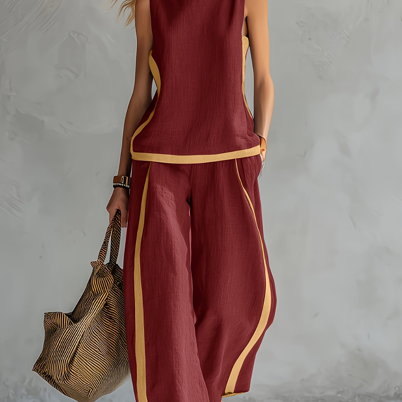 Conjunto Mujer con Pantalón Palazzo de Lino Ligero y Detalles Mostaza Casual Verano