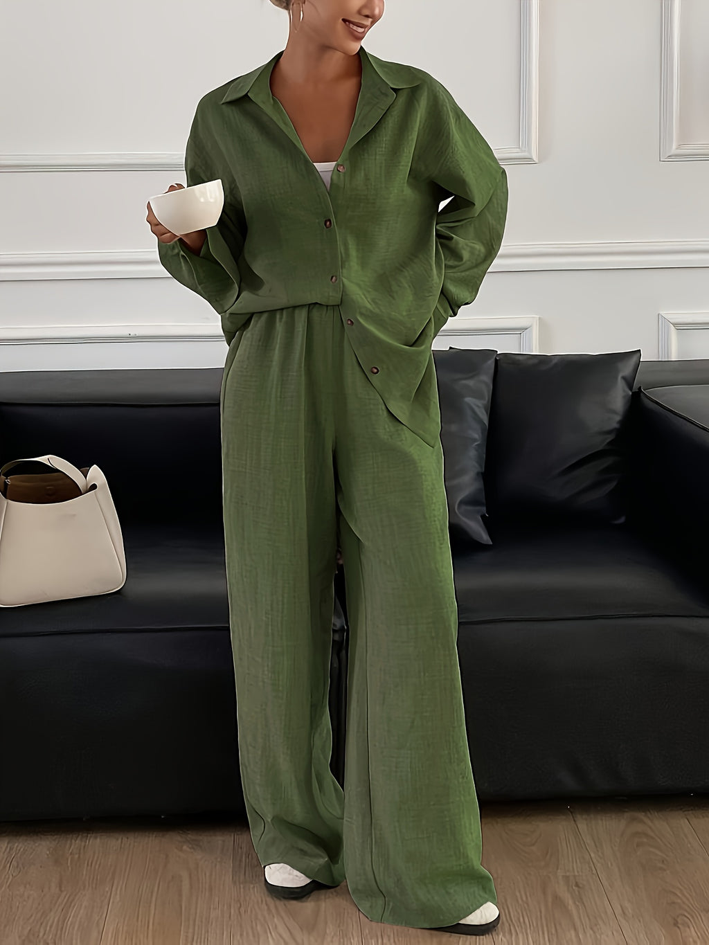 Conjunto Mujer Camisa Oversize y Pantalón Palazzo Casual Elegante de Lino para Oficina, Viaje y Verano