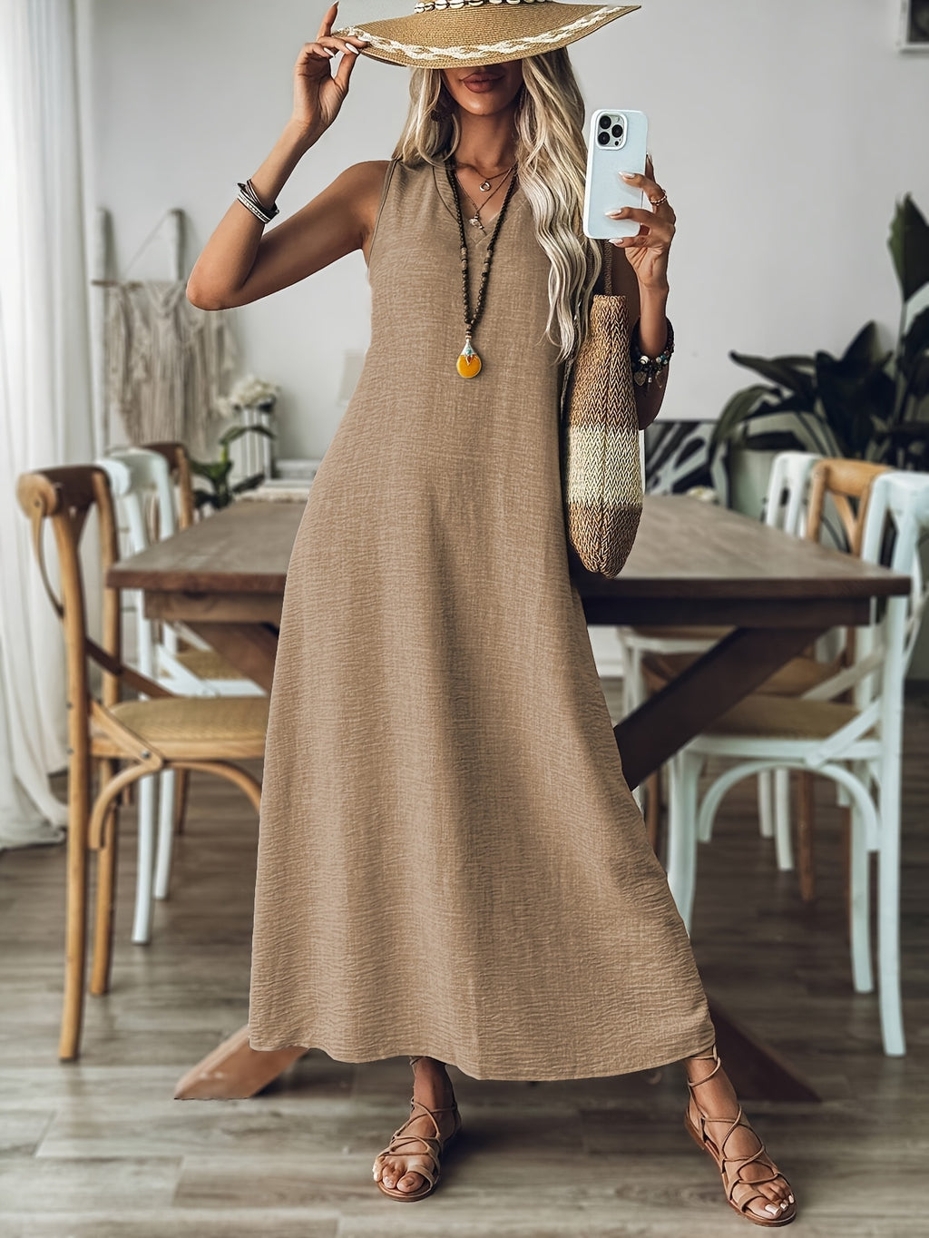 Vestido Largo Sin Mangas Terracota Casual Elegante de Lino Suelto para Verano Mujer