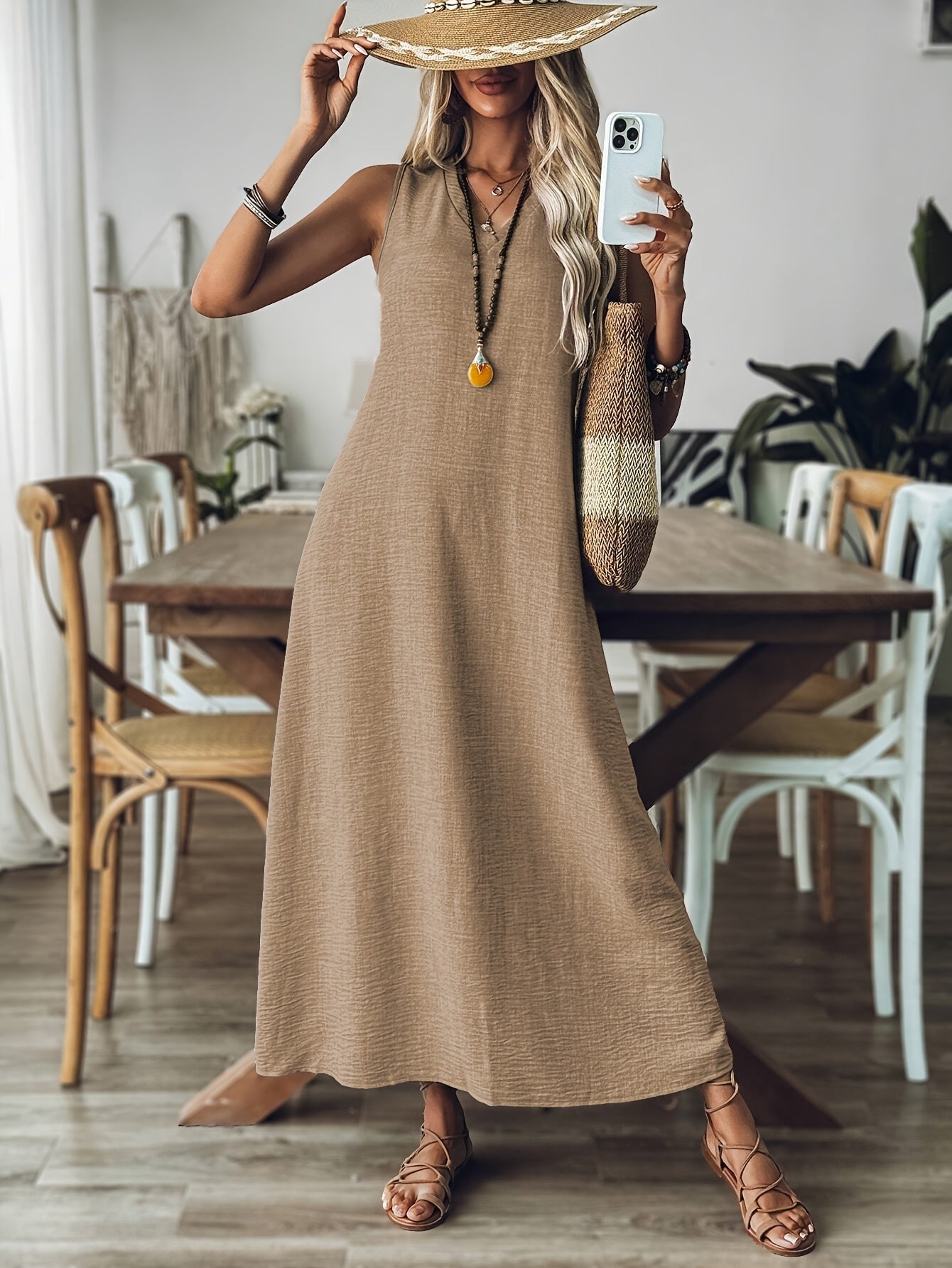 Vestido Largo Sin Mangas Terracota Casual Elegante de Lino Suelto para Verano Mujer