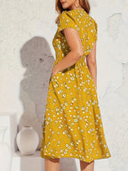 Vestido Elegante de Manga Corta con Estampado Floral y Cintura Ajustada en la Cadera, Modelo A-Line