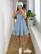 Vestido Corto Casual Sin Mangas Vino Corte Babydoll con Volante Ligero para Mujer