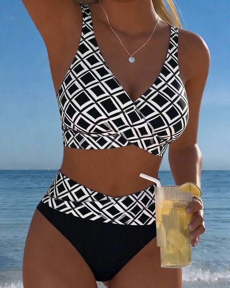 Bikini de Tiro Alto con Estampado Geométrico Estilo Playa para Mujer con Top Cruzado y Soporte Cómodo