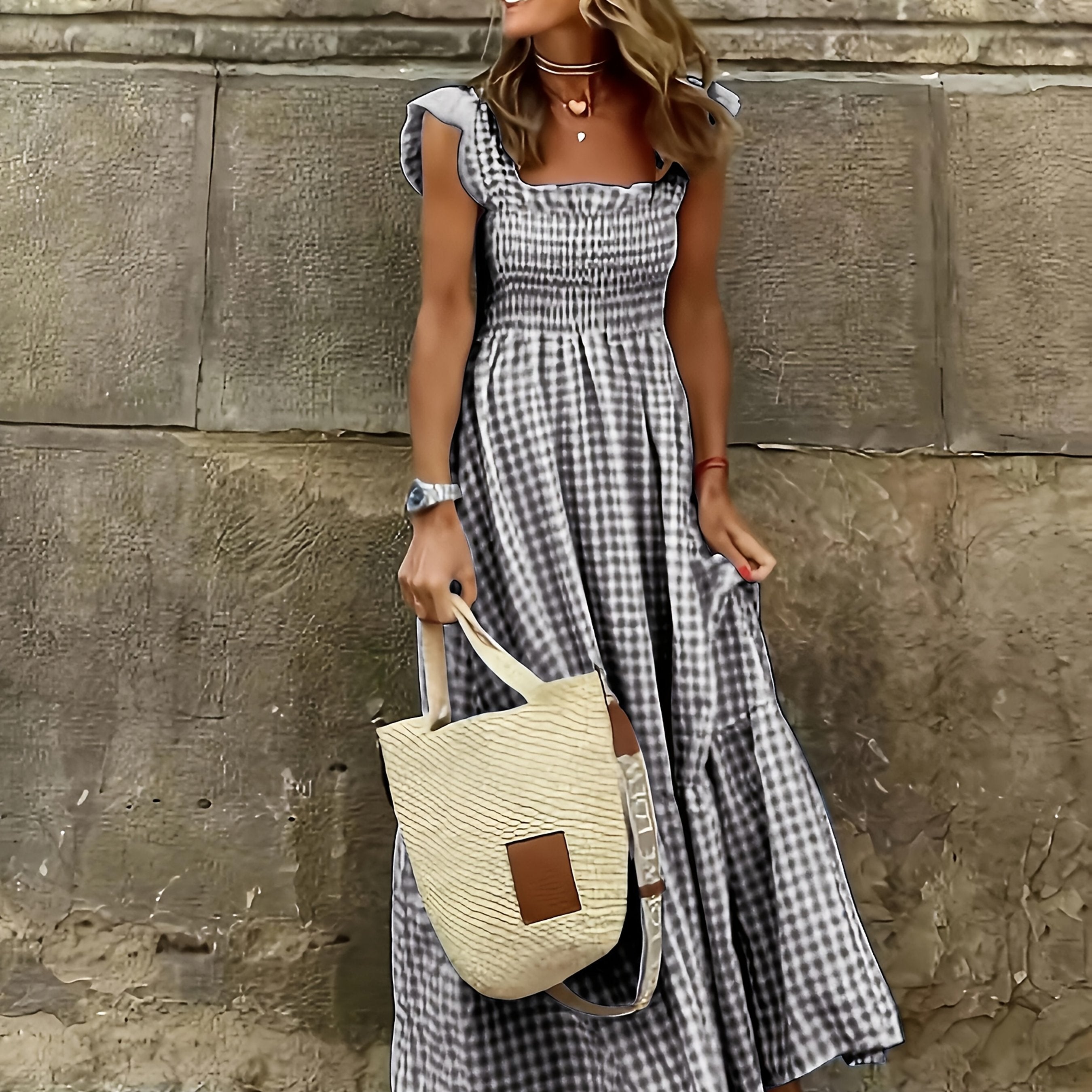 Vestido Maxi Casual Boho Chic con Escote Cuadrado y Falda Fluida Mujer