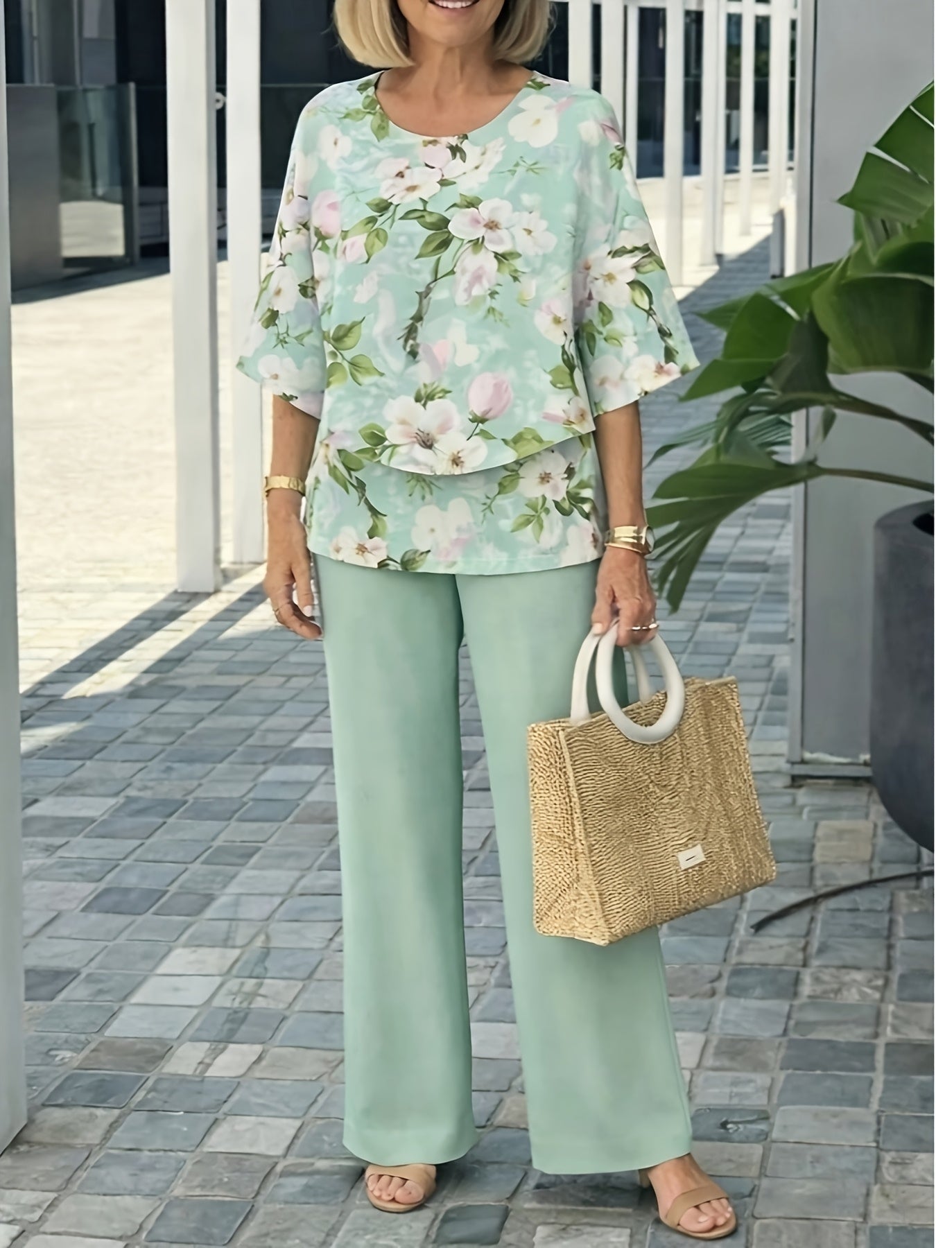 Conjunto 2 Piezas Verde Menta Blusa Floral Manga 3/4 y Pantalón Palazzo Casual Elegante Mujer