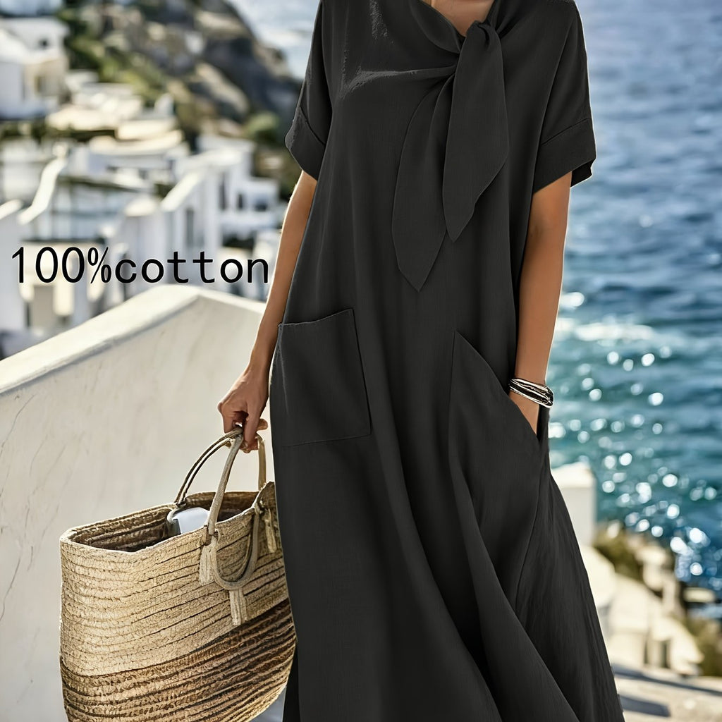 Vestido Midi Negro 100% Algodón Manga Corta Lazo Frontal con Bolsillos Casual Elegante Mujer