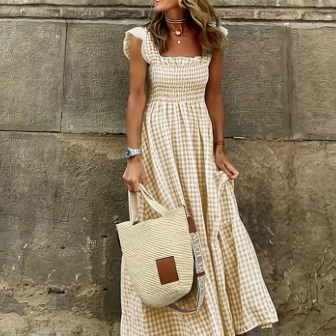 Vestido Maxi Casual Boho Chic con Escote Cuadrado y Falda Fluida Mujer