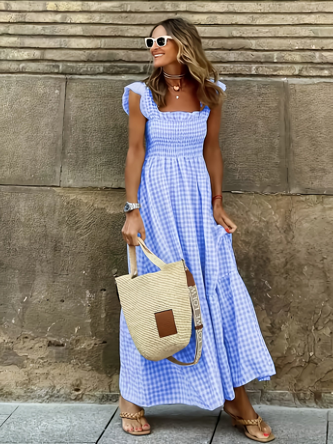 Vestido Maxi Casual Boho Chic con Escote Cuadrado y Falda Fluida Mujer