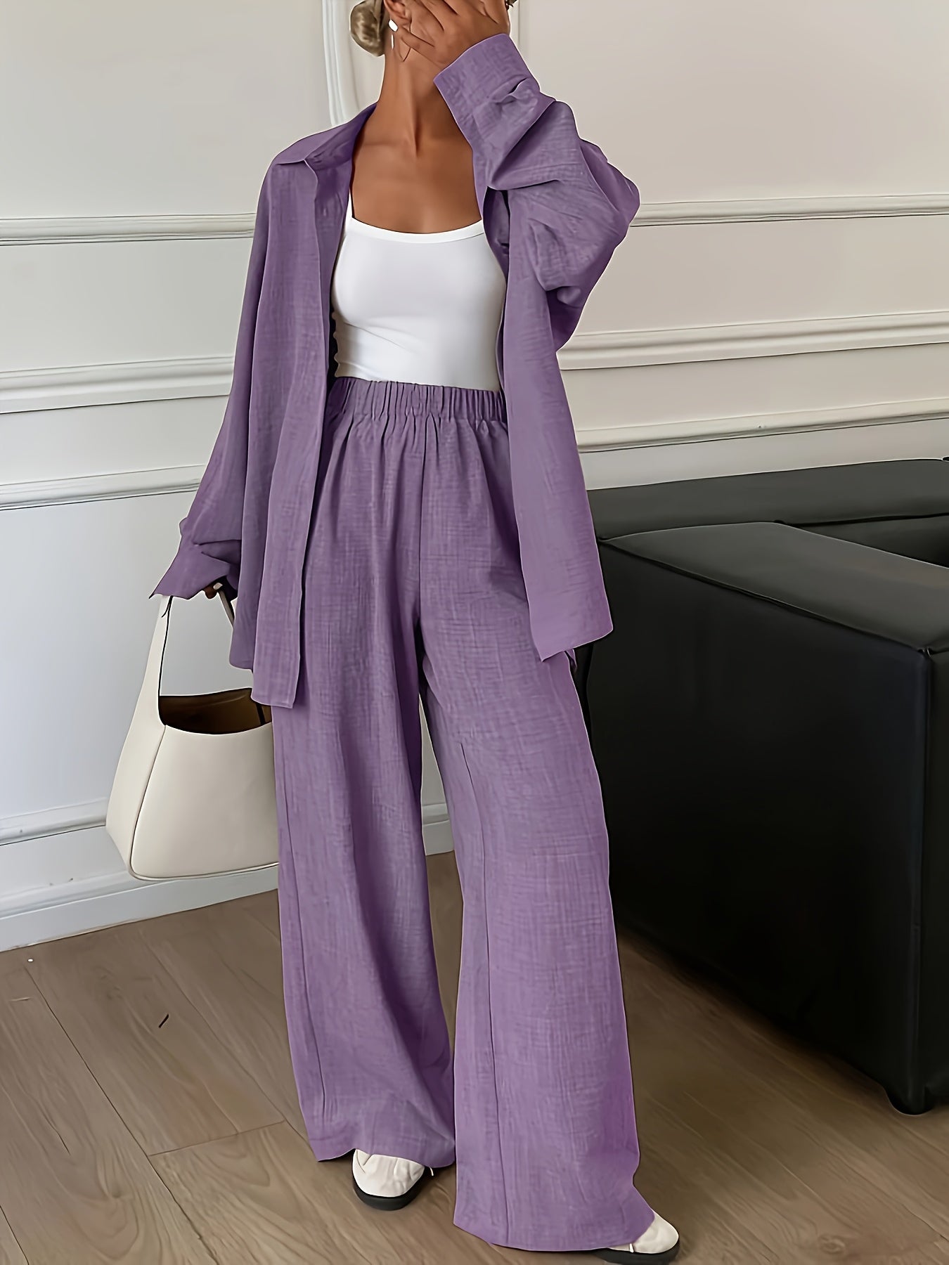 Conjunto Mujer Camisa Oversize y Pantalón Palazzo Casual Elegante de Lino para Oficina, Viaje y Verano