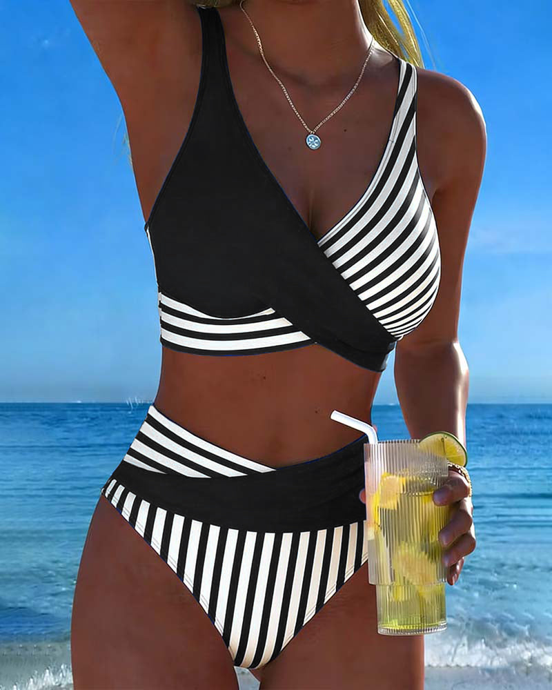 Bikini Cruzado de Cintura Alta con Rayas Marineras Estilo Playa y Vacaciones para Mujer