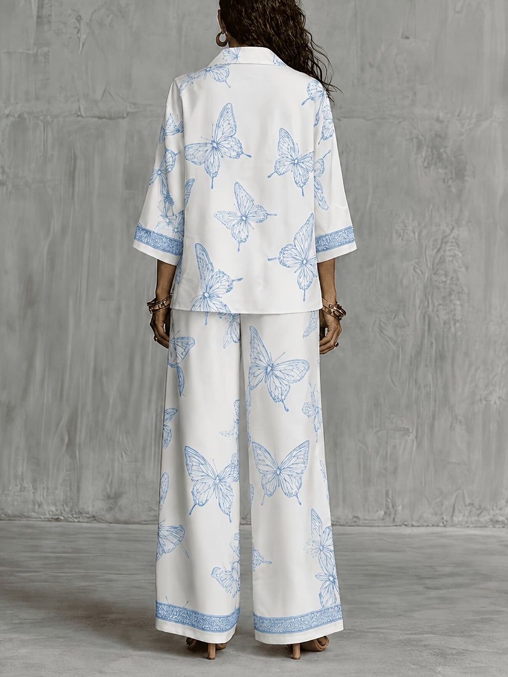 Conjunto Mujer Camisa Estampada y Pantalón Palazzo con Mariposas Casual Elegante para Vacaciones y Verano