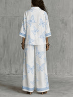 Conjunto Mujer Camisa Estampada y Pantalón Palazzo con Mariposas Casual Elegante para Vacaciones y Verano
