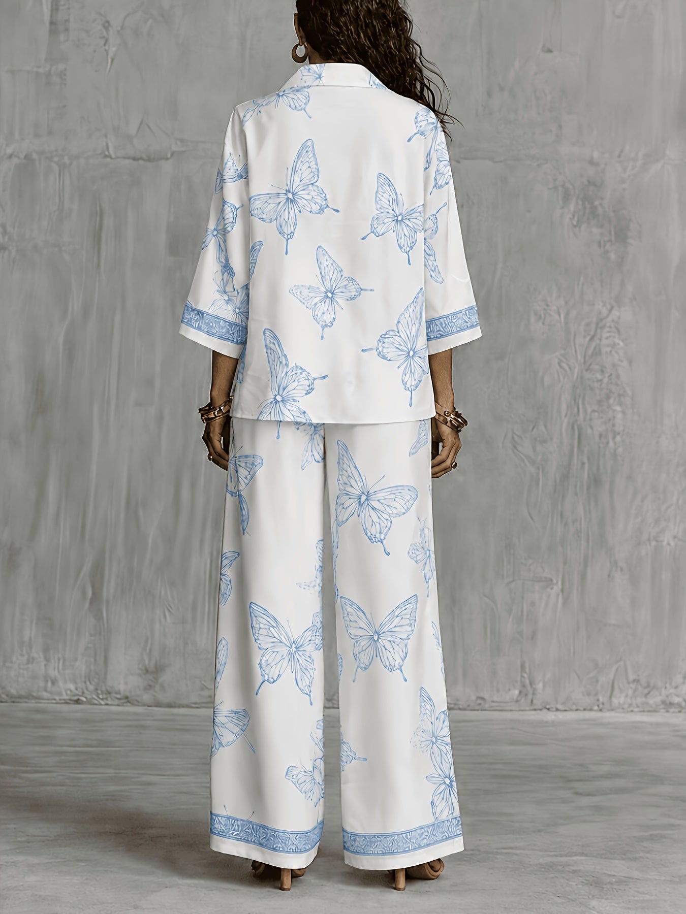 Conjunto Mujer Camisa Estampada y Pantalón Palazzo con Mariposas Casual Elegante para Vacaciones y Verano