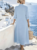 Vestido Maxi Azul Cielo Lino Cuello Mao Botones Frontales Plisado Casual Playa Vacaciones Mujer