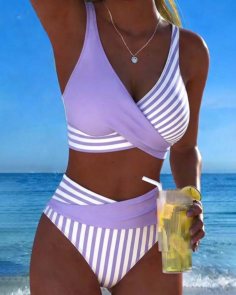 Bikini Cruzado de Cintura Alta con Rayas Marineras Estilo Playa y Vacaciones para Mujer