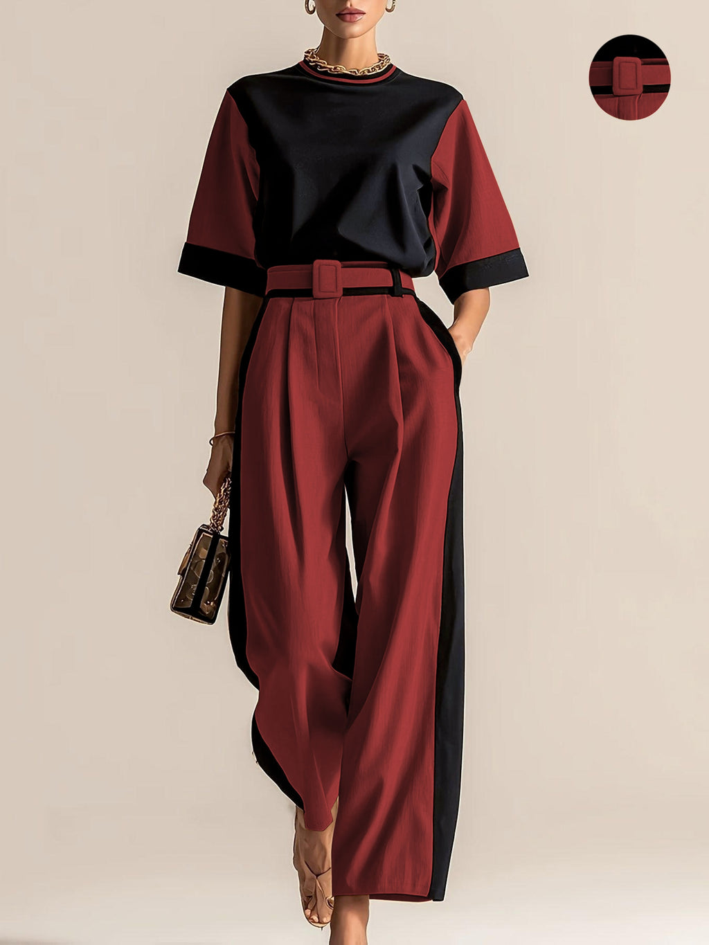 Conjunto 3 Piezas Negro Camel Color Block Top Oversize Pantalón Palazzo con Cinturón Elegante Mujer