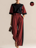 Conjunto 3 Piezas Negro Camel Color Block Top Oversize Pantalón Palazzo con Cinturón Elegante Mujer