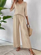 Conjunto 2 Piezas Top Crochet Espalda Manga 3/4 Pantalón Palazzo Casual Boho Mujer