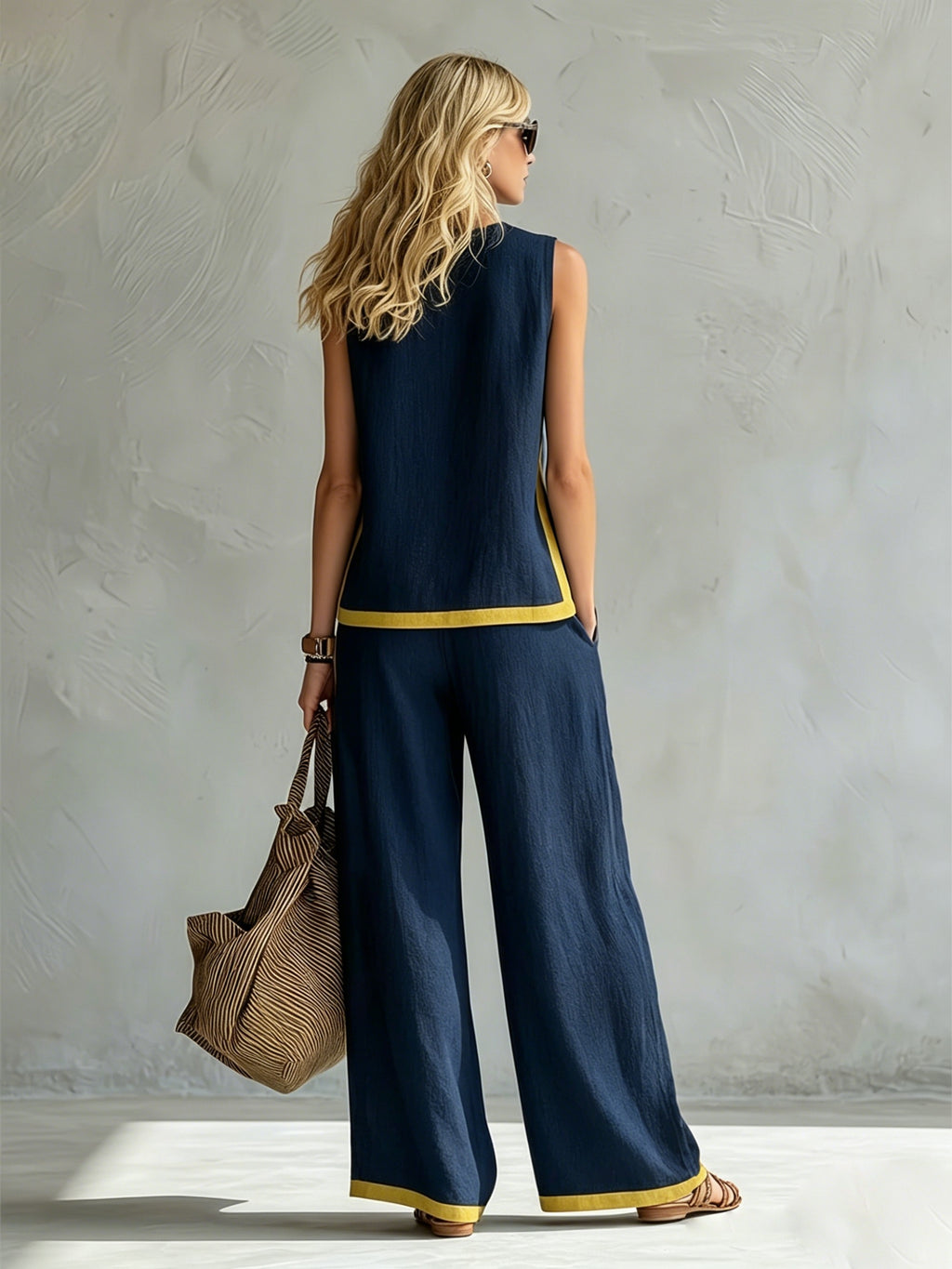 Conjunto Mujer con Pantalón Palazzo Contraste Amarillo Casual Elegante Verano