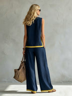 Conjunto Mujer con Pantalón Palazzo Contraste Amarillo Casual Elegante Verano