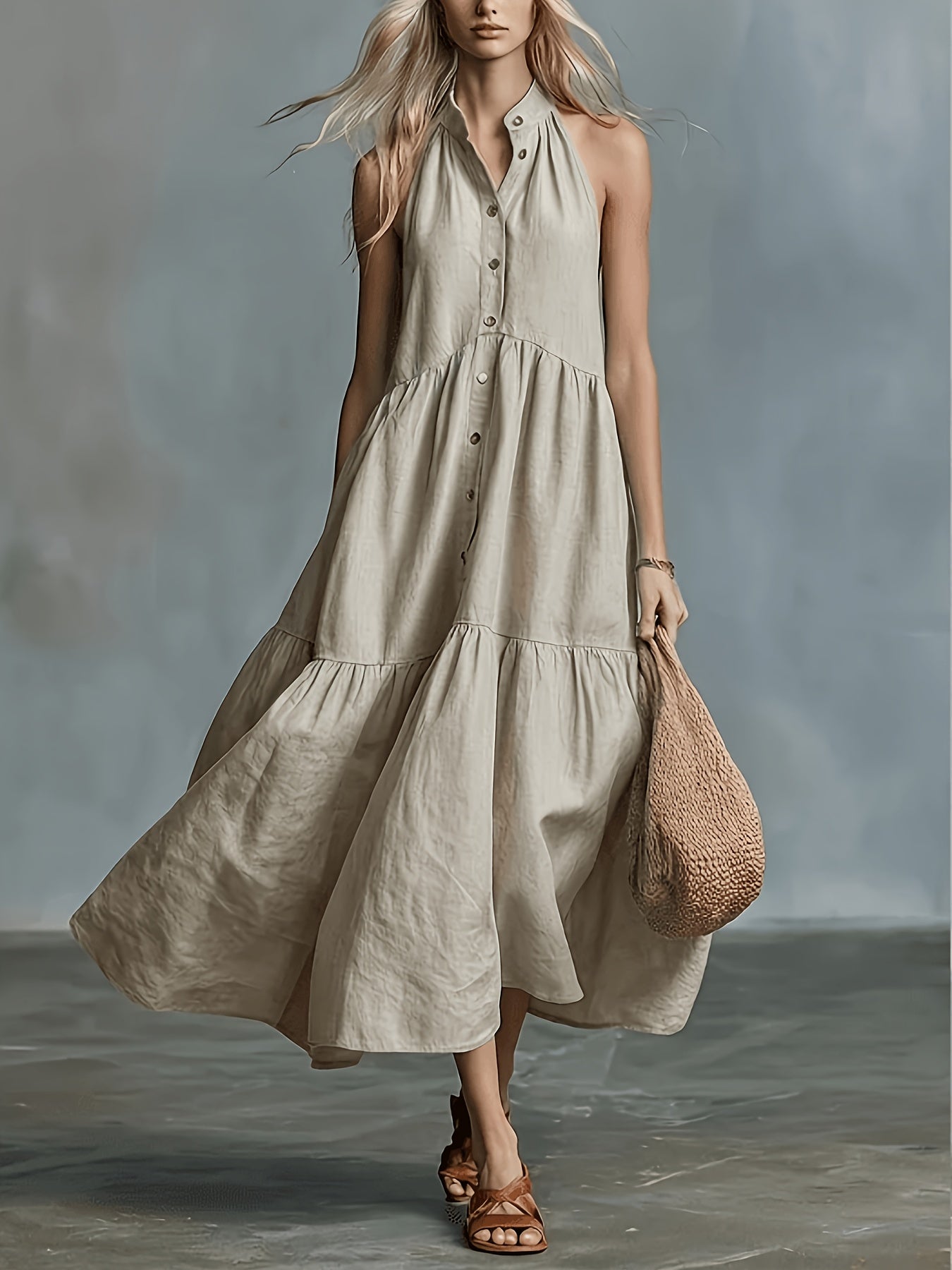 Vestido Maxi Beige Lino Sin Manga Halter Botones Falda Escalonada Boho Casual Playa Mujer
