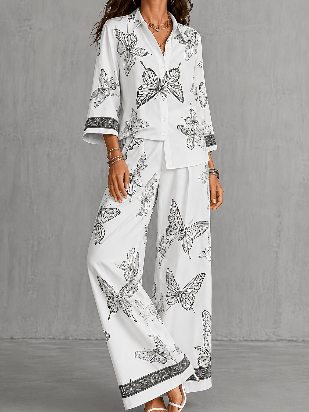 Conjunto Mujer Camisa Estampada y Pantalón Palazzo con Mariposas Casual Elegante para Vacaciones y Verano