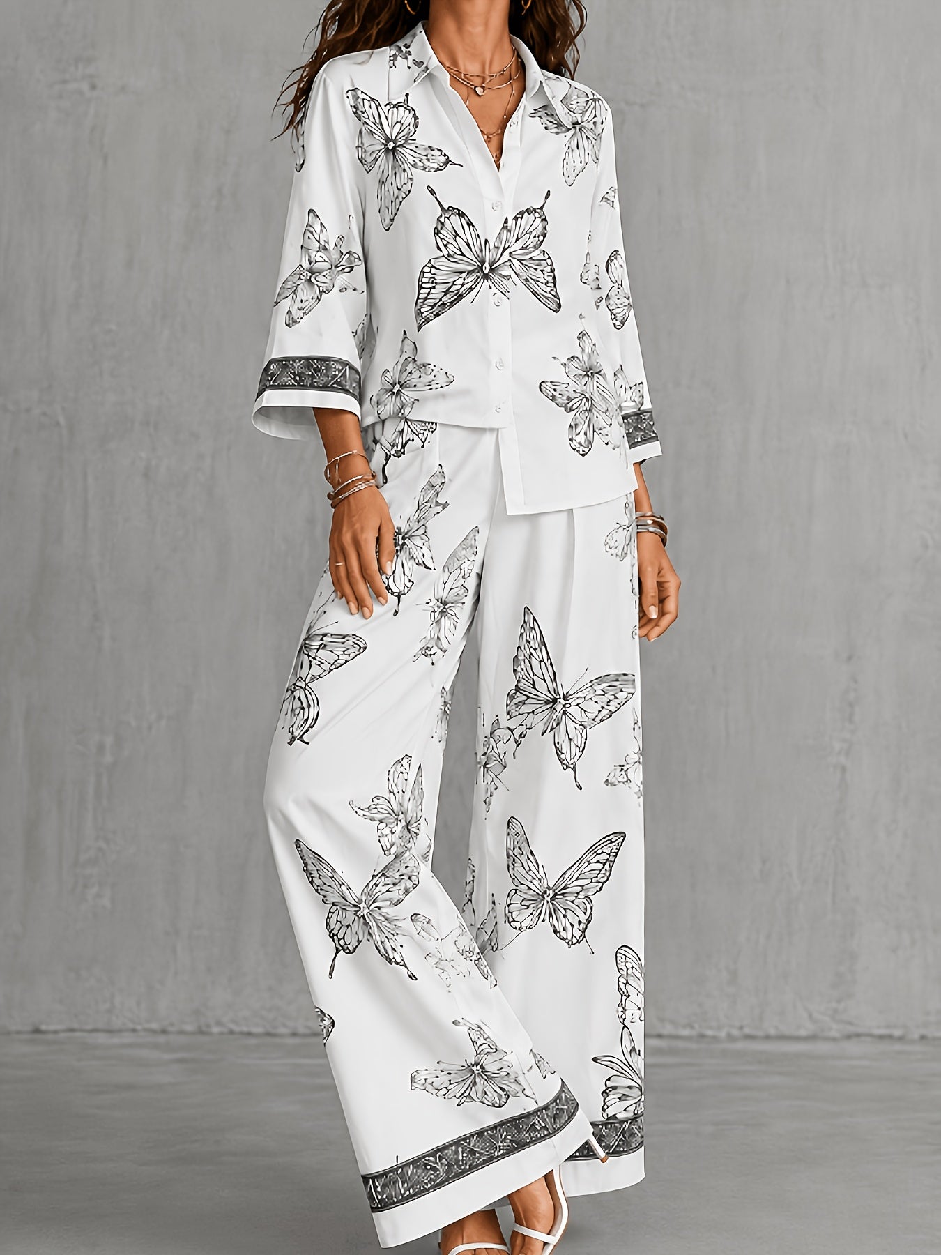 Conjunto Mujer Camisa Estampada y Pantalón Palazzo con Mariposas Casual Elegante para Vacaciones y Verano