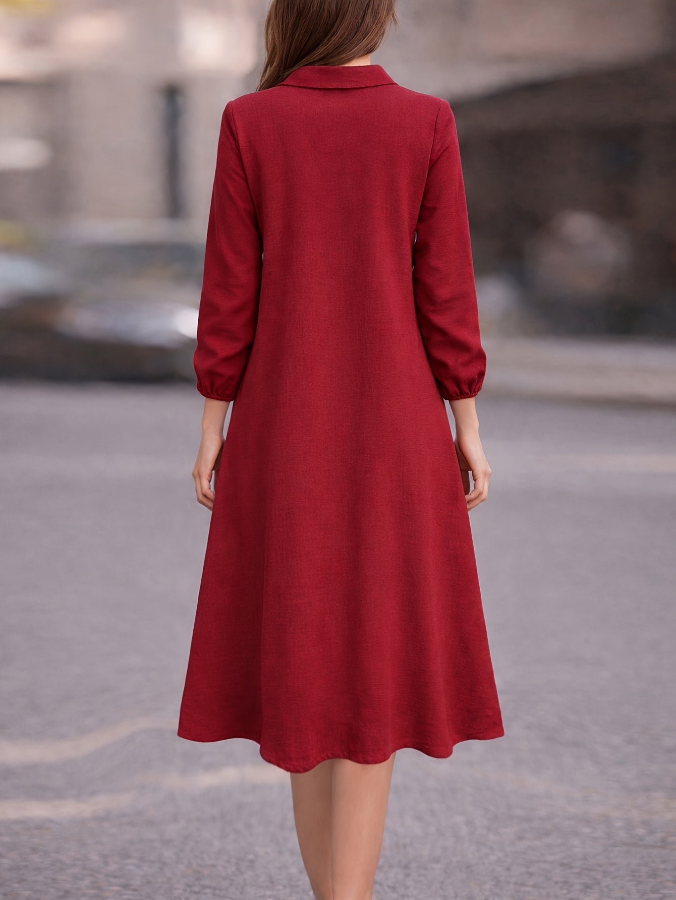 Vestido Midi Camisero Manga Larga Elegante para Oficina y Uso Casual