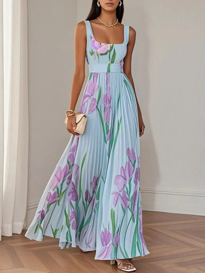 Vestido Largo Plisado Floral Elegante con Escote Cuadrado