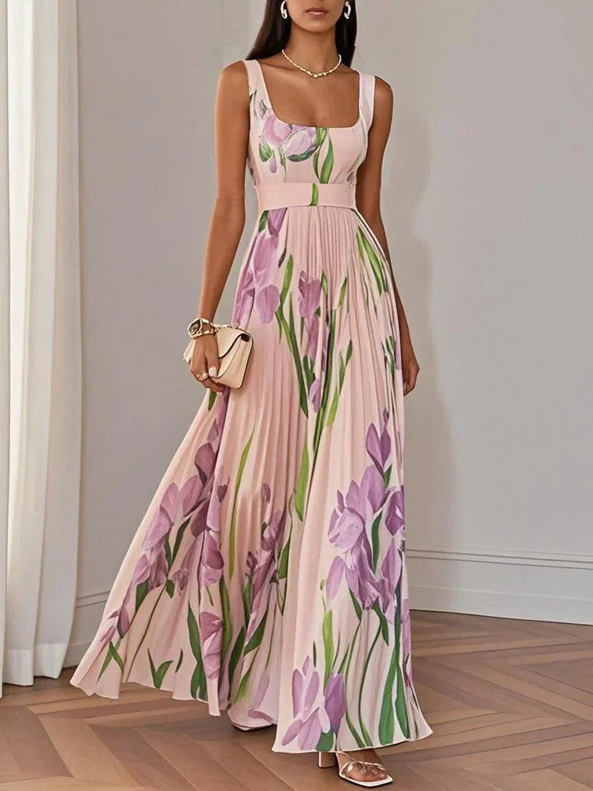 Vestido Largo Plisado Floral Elegante con Escote Cuadrado