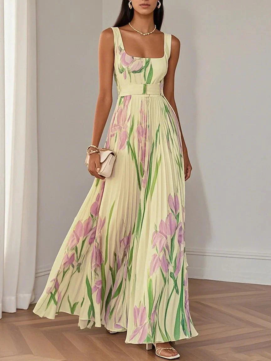 Vestido Largo Plisado Floral Elegante con Escote Cuadrado
