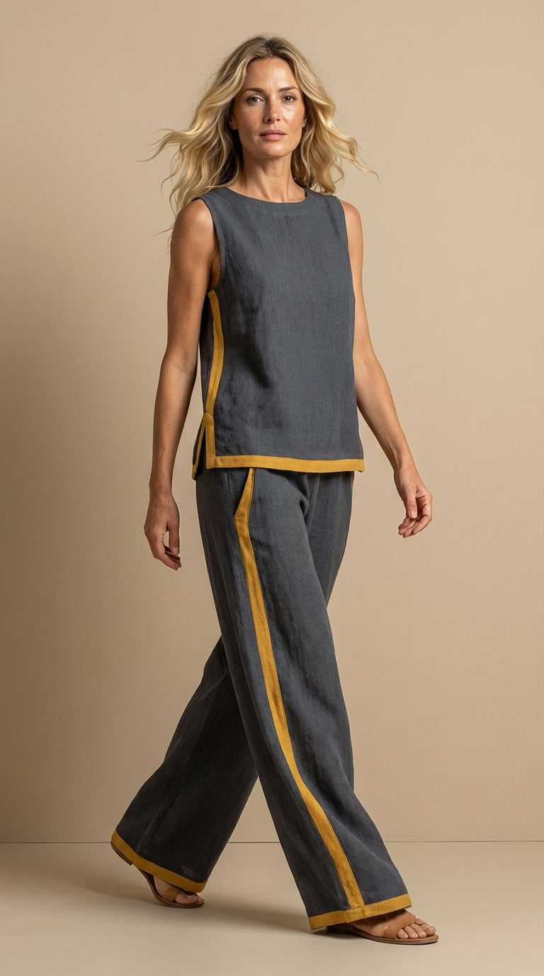 Conjunto Femenino Elegante sin Mangas con Pantalón Ancho Azul para Verano