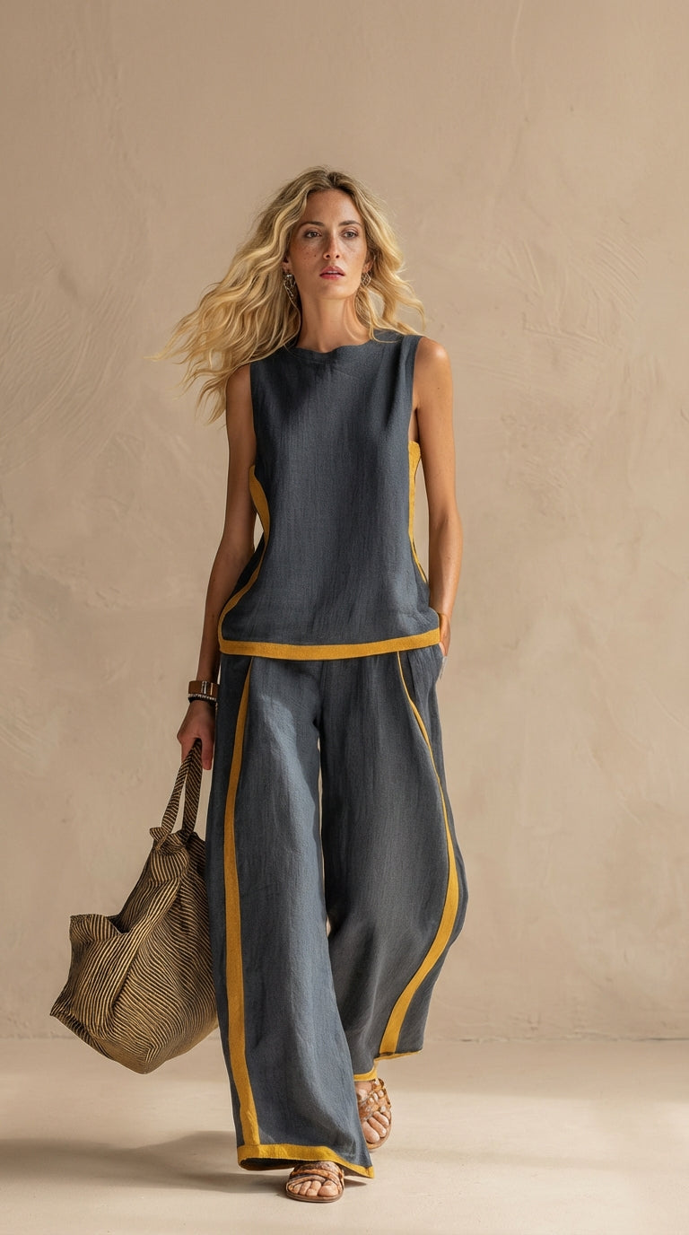 Conjunto Femenino Elegante sin Mangas con Pantalón Ancho Azul para Verano