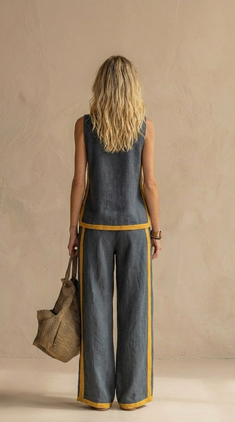 Conjunto Femenino Elegante sin Mangas con Pantalón Ancho Azul para Verano