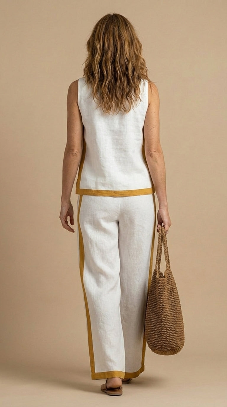Conjunto Femenino Elegante sin Mangas con Pantalón Ancho Azul para Verano