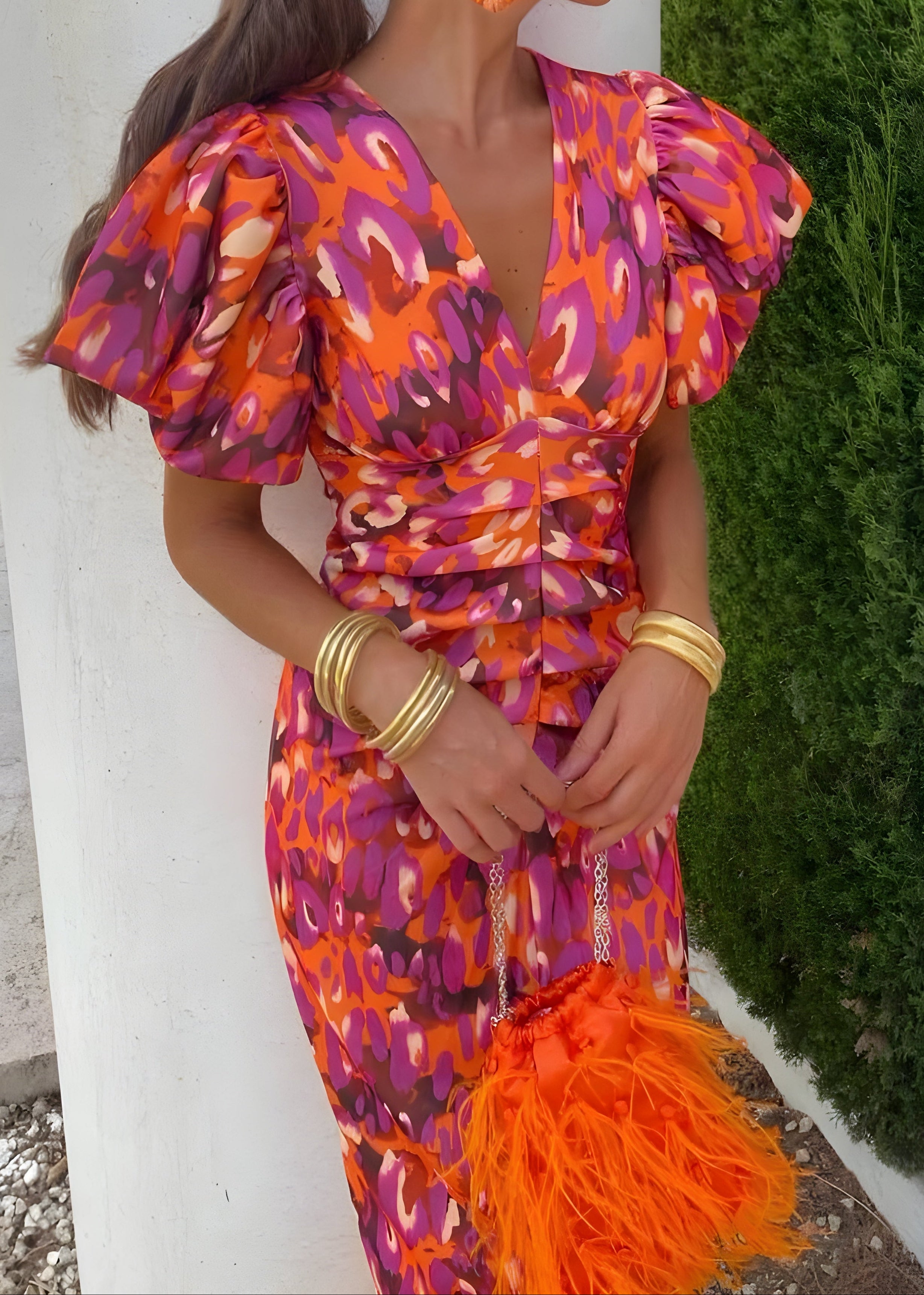 Vestido Midi Estampado Multicolor con Escote Profundo Elegante Casual y Mangas Abullonadas