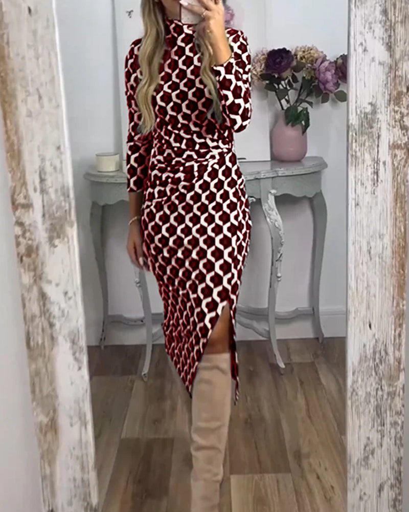 Vestido Midi Bodycon Estampado Geométrico Manga Larga Fruncido Abertura Elegante Mujer