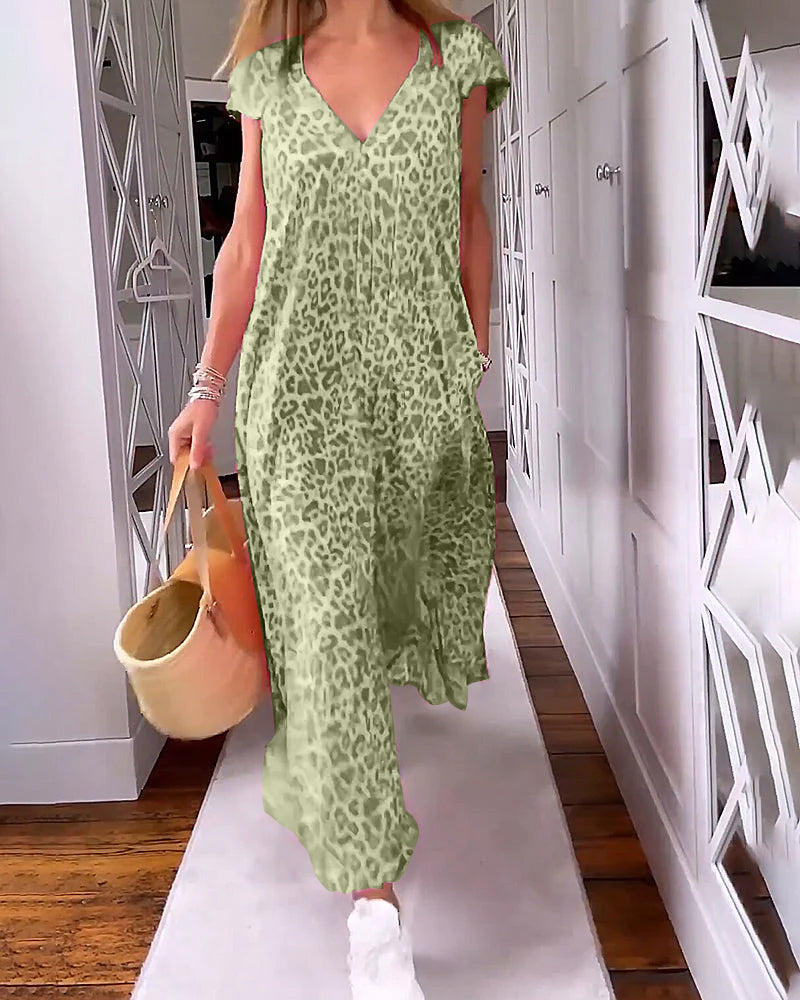 Vestido Maxi Holgado con Escote V Estampado Animal Casual de Verano con Bolsillos y Corte Fluido