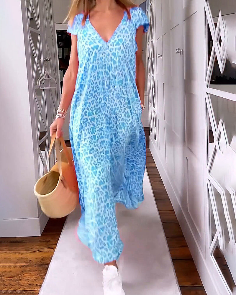 Vestido Maxi Holgado con Escote V Estampado Animal Casual de Verano con Bolsillos y Corte Fluido