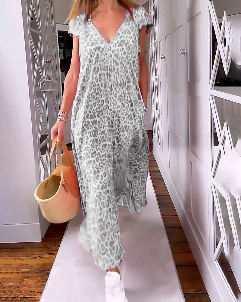 Vestido Maxi Holgado con Escote V Estampado Animal Casual de Verano con Bolsillos y Corte Fluido