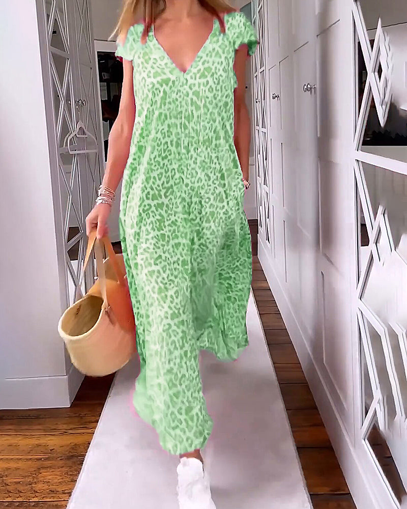 Vestido Maxi Holgado con Escote V Estampado Animal Casual de Verano con Bolsillos y Corte Fluido