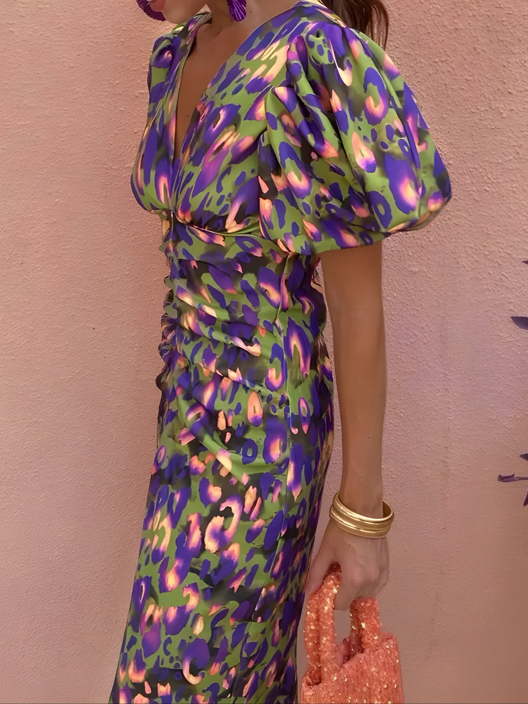 Vestido Midi Estampado Multicolor con Escote Profundo Elegante Casual y Mangas Abullonadas