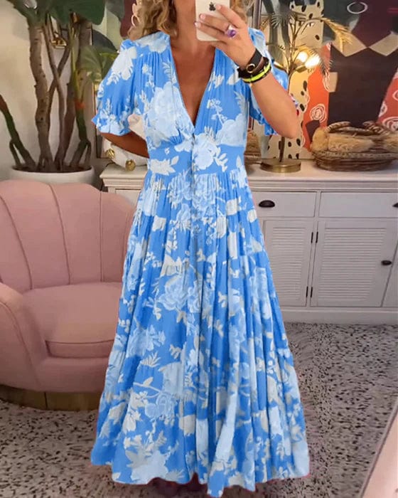 Vestido Largo Femenino Floral con Escote en V y Manga Corta para Verano