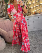 Vestido Largo Femenino Floral con Escote en V y Manga Corta para Verano